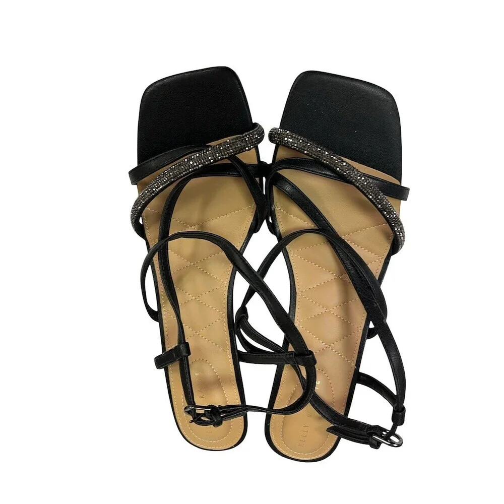 Kelly & Katie Wedge Sandals Womens 10W Wide Black Strappy Rhinestone 3